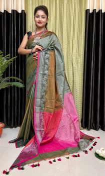 Green Pure Handloom Tissue Saree From Bengal