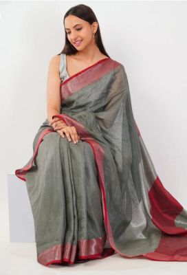 Gray Pure Handloom Tissue Linen Saree From Bihar