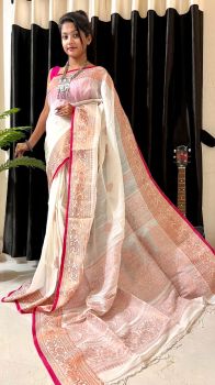 White Pure Handloom Soft Cotton By linen Flower Design Saree