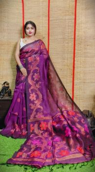 Purple Pure Handloom Organic Linen By Linen Saree From Bengal