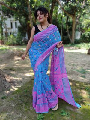 Blue Pure Handloom Dhakai Jamdani Saree From Bengal