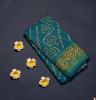 Teal Blue Butta Print Zari Work Soft Cotton Saree