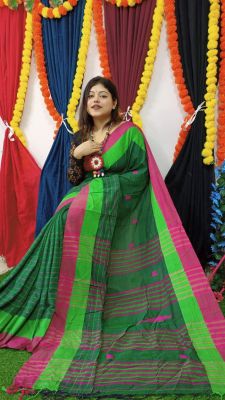Fern Green Pure Handloom Cotton Saree From Bengal