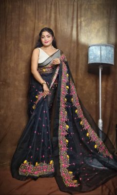Black Pure Handloom Resham Dhakai Jamdani Saree From Bengal