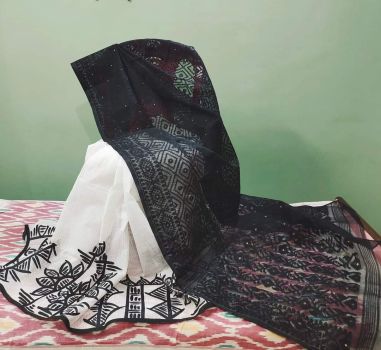 Black and White Pure Handloom Resham Kota Jamdani Leaf Design Saree