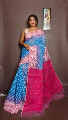 Blue Pure Handloom Ikkat Jamdani Saree From Bengal
