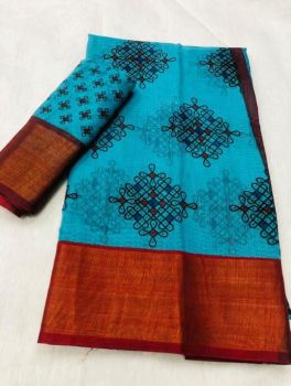 Sky Blue Dark Maroon Butta Print Zari Work Soft Cotton Saree