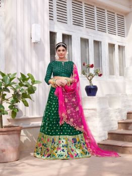 Green Organza Fabric Designer Navy Blue Color Function Wear Weaving Work Lehenga