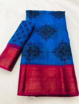 Blue Dark Pink Butta Print Zari Work Soft Cotton Saree