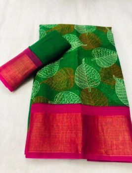 Green Rose Pink Butta Print Zari Work Soft Cotton Saree