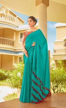 Teal Blue Plain Body Pompom Pallu Linen Saree