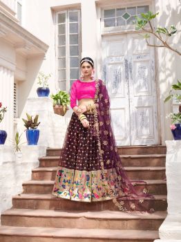 Purple Organza Fabric Designer Navy Blue Color Function Wear Weaving Work Lehenga