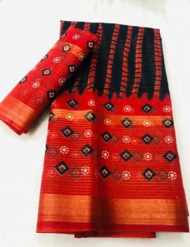 Black Red Butta Print Zari Work Soft Cotton Saree