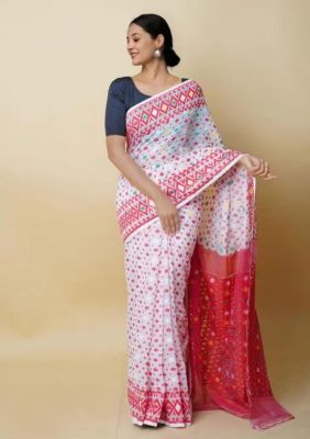 White Red Pure Handloom Dhakai Jamdani Saree From Bengal