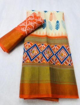 White Orange Butta Print Zari Work Soft Cotton Saree
