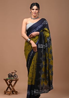 Olive Green Pure Handloom Mulmul Saree From Bengal