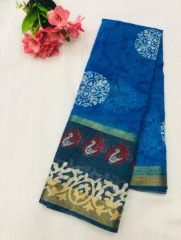 Blue Butta Print Zari Work Soft Cotton Saree