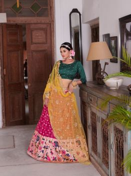 Yellow Organza Fabric Designer Navy Blue Color Function Wear Weaving Work Lehenga