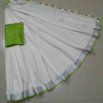 White Plain Linen By Linen Saree From Bhagalpur