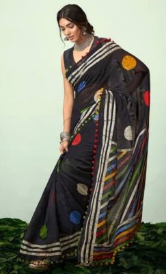 Black Pure Handloom Georgette Saree From Banaras
