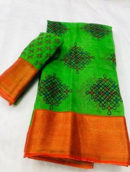 Green Orange Butta Print Zari Work Soft Cotton Saree