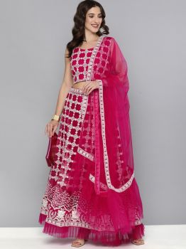 Pink With Emboridered Semi-Stitched Lehenga