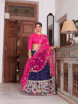 Organza Fabric Designer Navy Blue Color Function Wear Weaving Work Lehenga