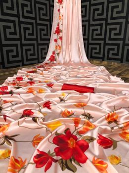 Light Peach Digital Printed Flower Design Heavy Satin Silk Saree