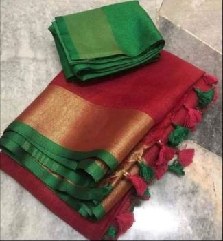 Red Plain Linen By Linen Saree From Bhagalpur