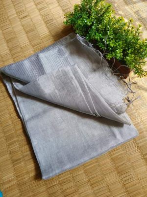 Grey Pure Handloom Linen Tissue Saree From Bengal
