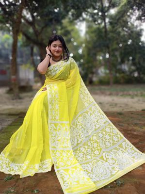 Yellow Dhakai Jamdani Pure Handloom Cotton Saree From Bengal