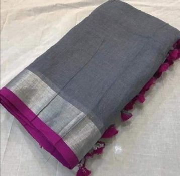 Dark Grey Plain Linen By Linen Saree From Bhagalpur