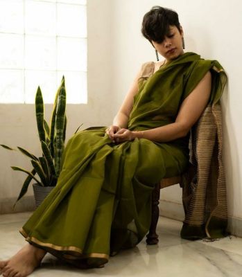 Mehandi Green Pure Handloom Silk Cotton Saree From Bengal