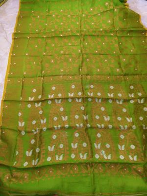 Mehandi Green Pure Handloom Dhakai Jamdani Saree From Bengal