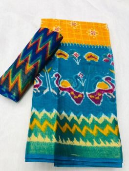 Yellow Sky Blue Butta Print Zari Work Soft Cotton Saree