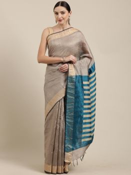 Cream & Teal Green Dupion Raw Silk Saree