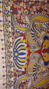 Light brown kalamkari saree with traditional design & bird design border