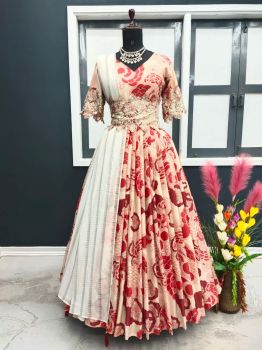 Cream Pure Chinon Silk With Digital Print With Embroidery Work Sleeve