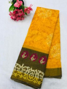 Yellow Butta Print Zari Work Soft Cotton Saree