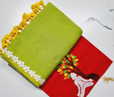 Parrot Green Red Pure Handloom Cotton Saree From Bengal