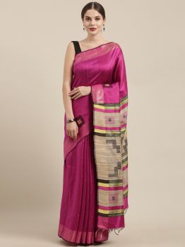 Dark Pink & Light Brown Dupion Raw Silk Saree