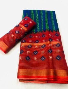 Blue Maroon Butta Print Zari Work Soft Cotton Saree
