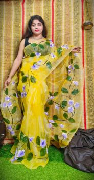 Light Yellow Hand Printed Pure Handloom Organza Saree