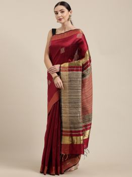 Maroon & Light Brown Dupion Raw Silk Saree