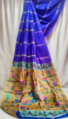 Persian Blue Pure Handloom Kantha Silk Saree From Bengal