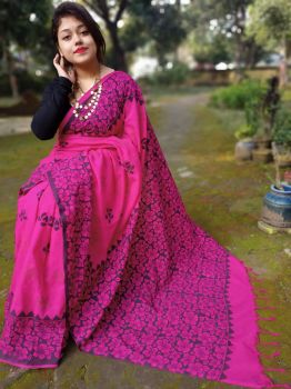 Rani Pink Flower Print Cotton Handloom Saree