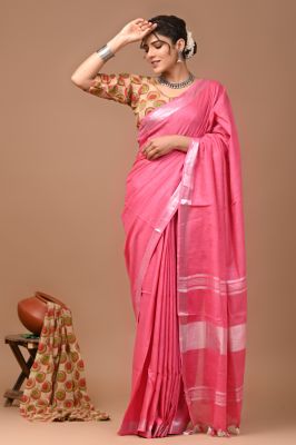 Rose Pink Pure Handloom Linen By Linen Saree From Bengal
