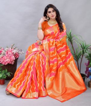 Light Orange And Pink Leheriya Silk Saree From Banaras