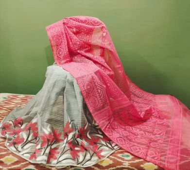 Pink and grey Pure Handloom Resham Kota Jamdani flower Design Saree