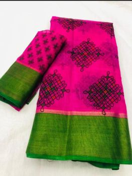 Dark Pink Green Butta Print Zari Work Soft Cotton Saree